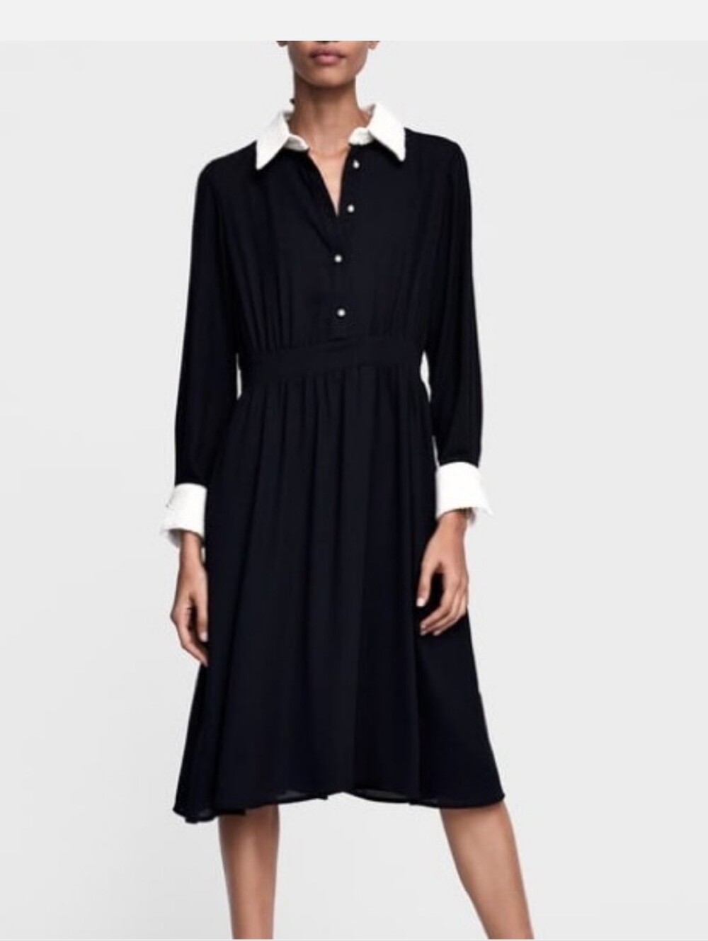 Zara Black Long-Sleeve Dress with Cream Collar & Cuffs